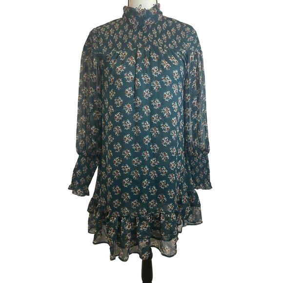 WALTER BAKER MINI DRESS MESSY MOCK FLORAL GREEN RUCHED CUFFS SZ S RUFFLES PREPPY - Picture 5 of 16